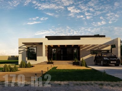 Проект 1 этажного дома из блоков(каркаса) с террасой и плоской кровлей МZ